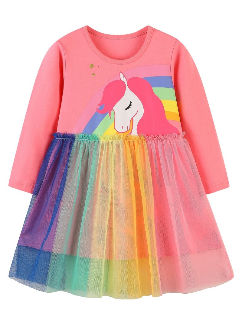 Tyttöjen Rainbow Unicorn Pattern Verkkomekko Lasten Vaatteet