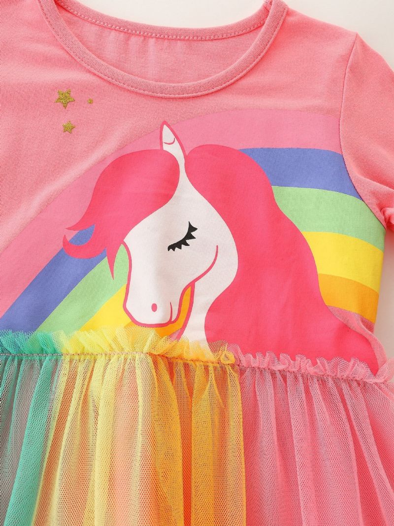 Tyttöjen Rainbow Unicorn Pattern Verkkomekko Lasten Vaatteet