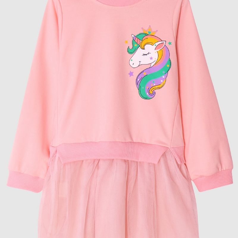 Tyttöjen Unicorn Print Pink Tylli Mesh Mekko Lasten Vaatteet