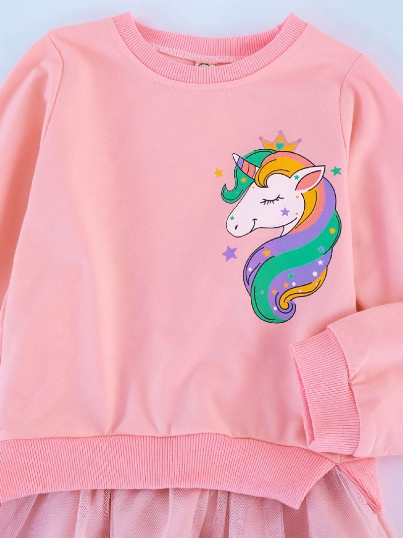 Tyttöjen Unicorn Print Pink Tylli Mesh Mekko Lasten Vaatteet