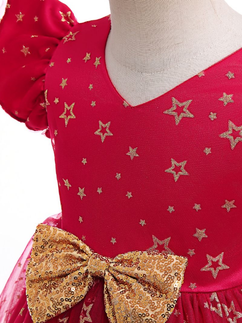 Tyttöjen V-kaula-aukkoinen Prinsessamekko Tähtikuvioinen Rusetti Muodollinen Mekko Näytelmäpukuun Joulun Syntymäpäivä Iltajuhlat Häät Lasten Vaatteet
