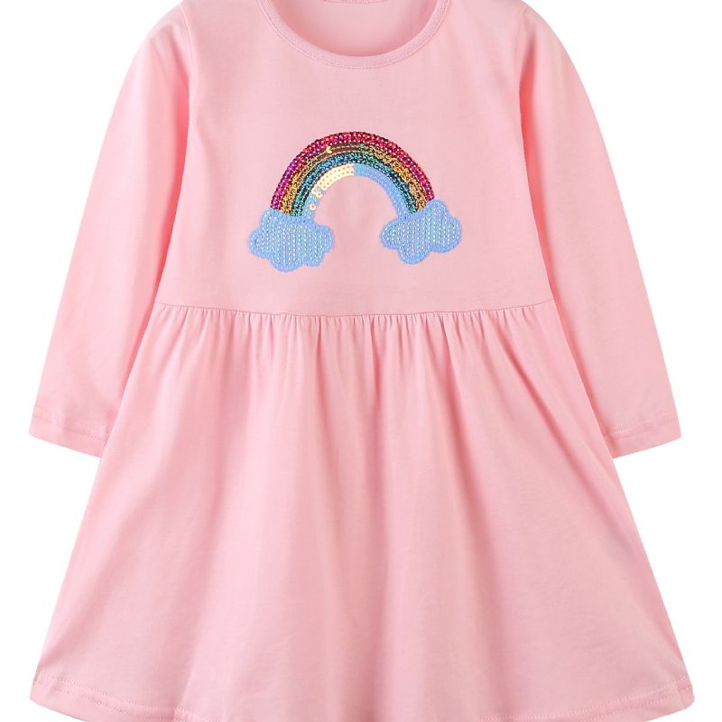 Tyttövauva Mekko Paljetti Rainbow Pyöreäpääntie Pitkähihainen Lasten Vaatteet