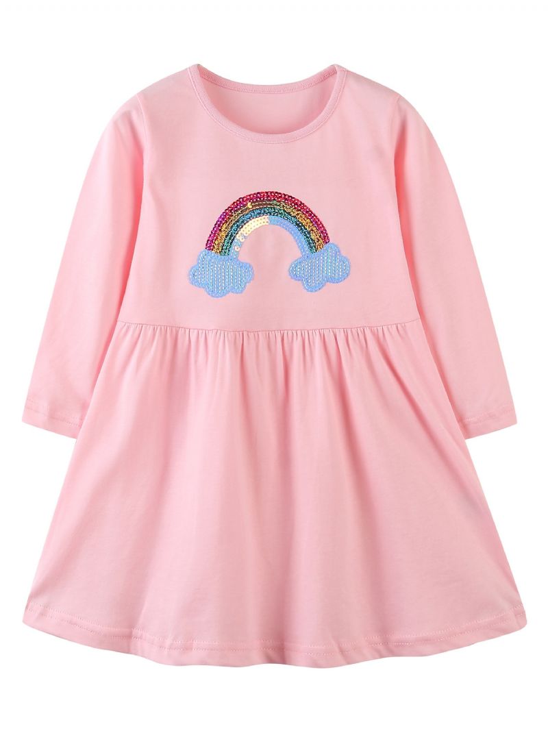 Tyttövauva Mekko Paljetti Rainbow Pyöreäpääntie Pitkähihainen Lasten Vaatteet