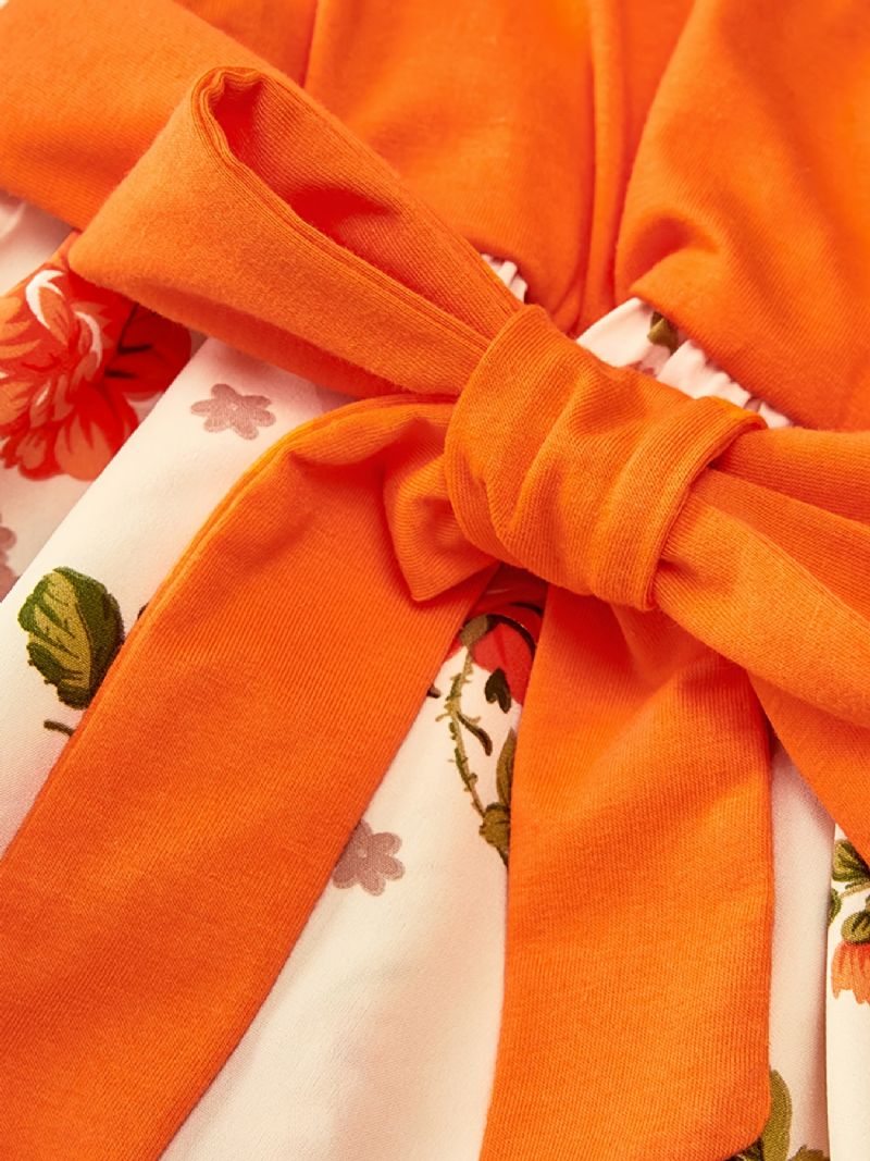 Tyttövauvojen Pitkähihainen Mekko V-kaula-aukolla Kukkia Ommeltu Oranssi Lasten Vaatteet