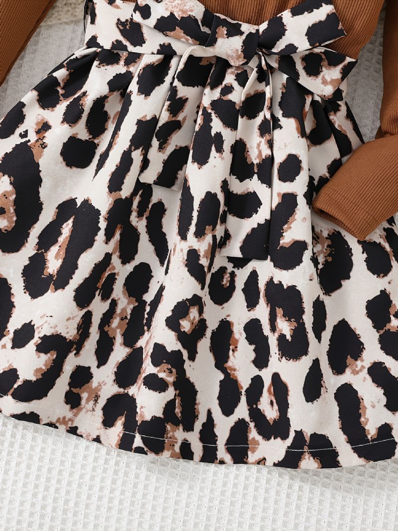 Tyttövauvojen Splicing Leopard Mekko Pitkähihainen Lentävä Hiha Vyö Lasten Vaatteet Kevät Syksy