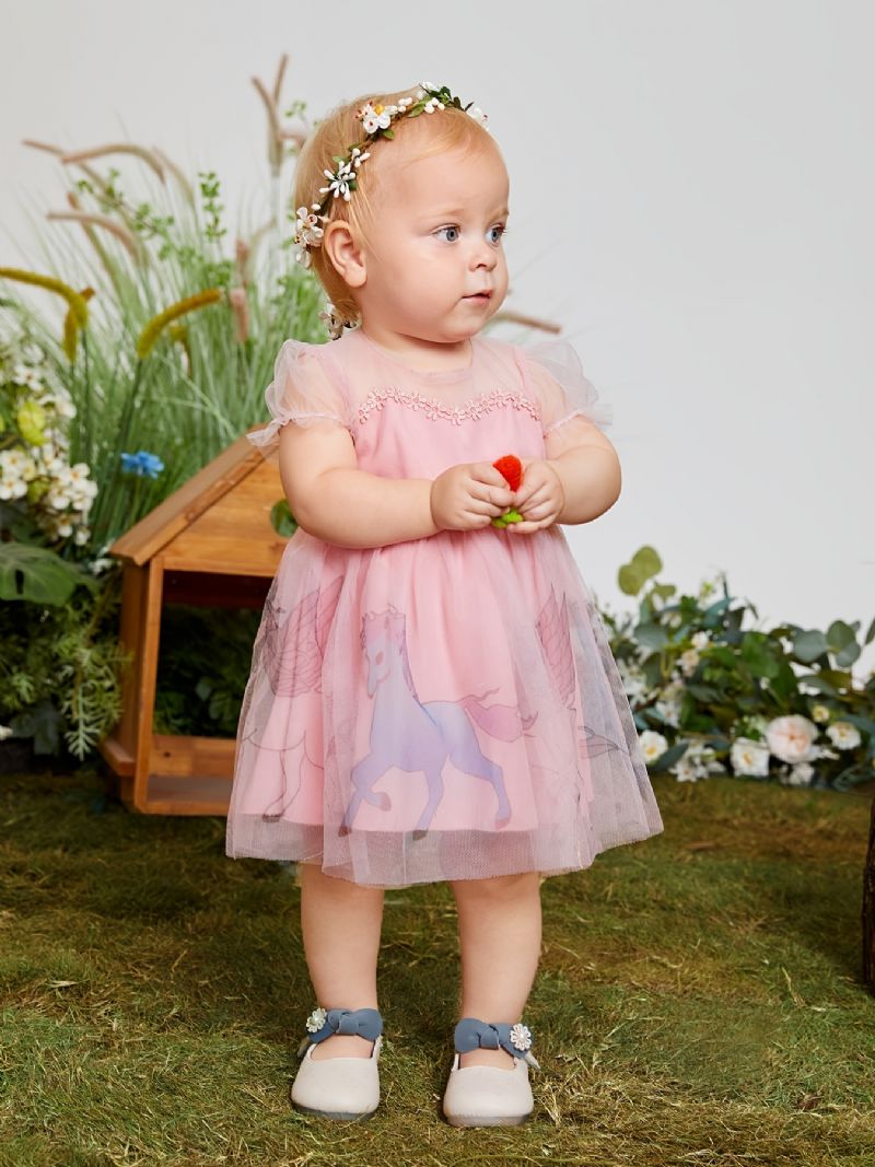 Tyttövauvojen Tyylikäs Söpö Verkkoprinsessamekko Yksisarvisella Printillä Syntymäpäiväjuhliin Vaaleanpunainen