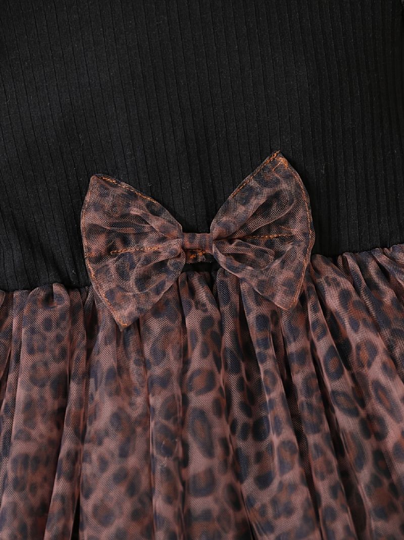 Vauvan Tyttöjen Leopard Bow Tutu Mekko Lentävä Hihainen Pitkähihainen Neulottu Mesh Splicing Juhlamekko Lasten Vaatteet