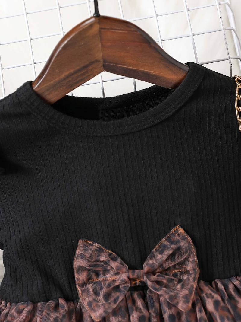 Vauvan Tyttöjen Leopard Bow Tutu Mekko Lentävä Hihainen Pitkähihainen Neulottu Mesh Splicing Juhlamekko Lasten Vaatteet