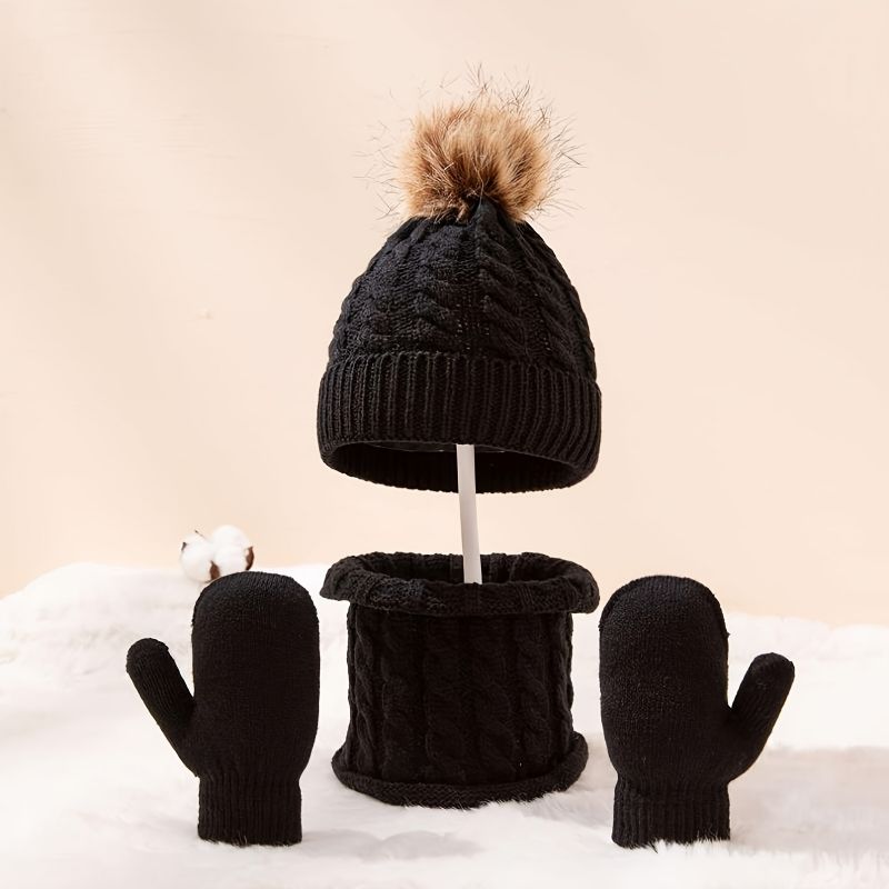 3 Kpl Vauvan Beanie Hattu Huivi Käsineet Setti Taapero Talven Lämmin Neulottu Lippalakki Pom Poms & Lapsilla & Pojille Tytöille