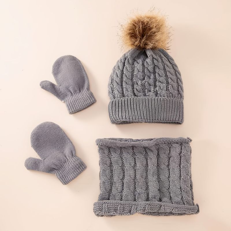 3 Kpl Vauvan Beanie Hattu Huivi Käsineet Setti Taapero Talven Lämmin Neulottu Lippalakki Pom Poms & Lapsilla & Pojille Tytöille