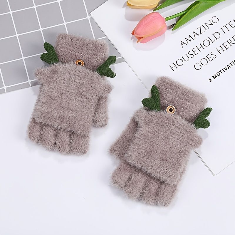 Antlers Decor Flip Top Rukkaset Söpöt Thermal Half Finger Paksutetut Pehmokäsineet Lapsille Ja Aikuisten Ulkourheiluun