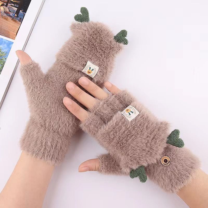 Antlers Decor Flip Top Rukkaset Söpöt Thermal Half Finger Paksutetut Pehmokäsineet Lapsille Ja Aikuisten Ulkourheiluun