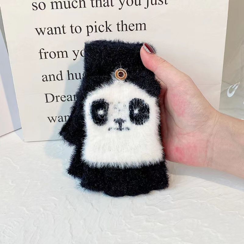 Panda Pattern Flip Top Rukkaset Suloiset Lämpökäsineet Puolisormella Paksunnetut Pehmokäsineet Lapsille Ja Aikuisten Ulkourheiluun