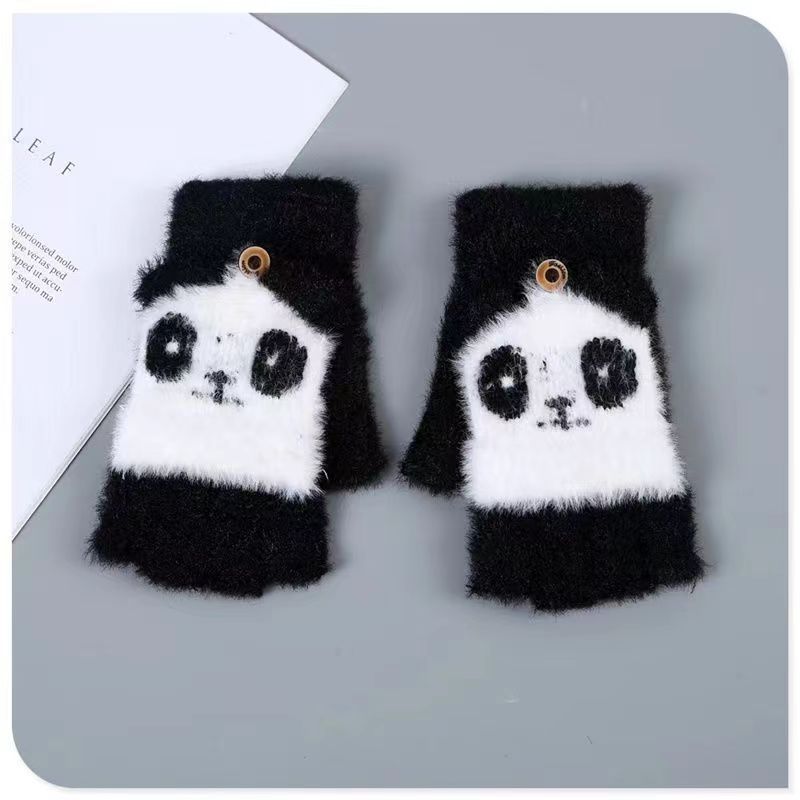 Panda Pattern Flip Top Rukkaset Suloiset Lämpökäsineet Puolisormella Paksunnetut Pehmokäsineet Lapsille Ja Aikuisten Ulkourheiluun