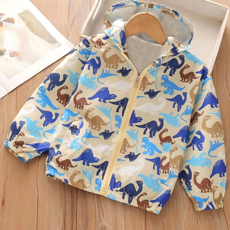 Toddler Poikien Dinosaur Print Hupullinen Pitkähihainen Vetoketjutakki Syksy Talvi