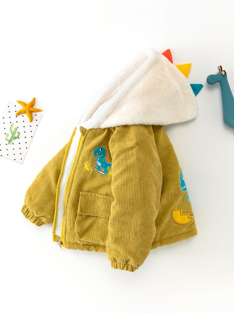 Toddler Poikien Muoti Dinosaur Print Plus Samettisen Lämmin Vetoketjullinen Hupullinen Takki