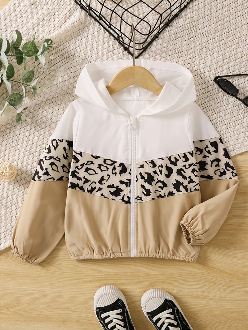 Toddler Tyttöjen Leopard Panel Colorblock Vetoketjullinen Hupullinen Takki