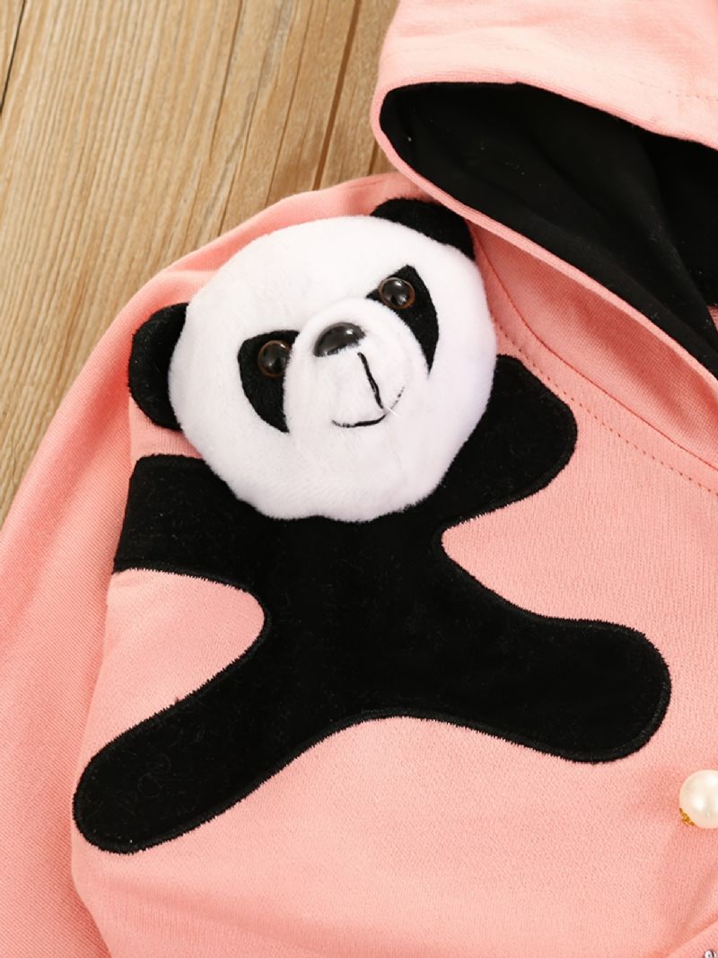 Tyttöjen Casual Panda Print Vetoketjullinen Hupullinen Takki Ja Lenkkeilyhousut Talveksi