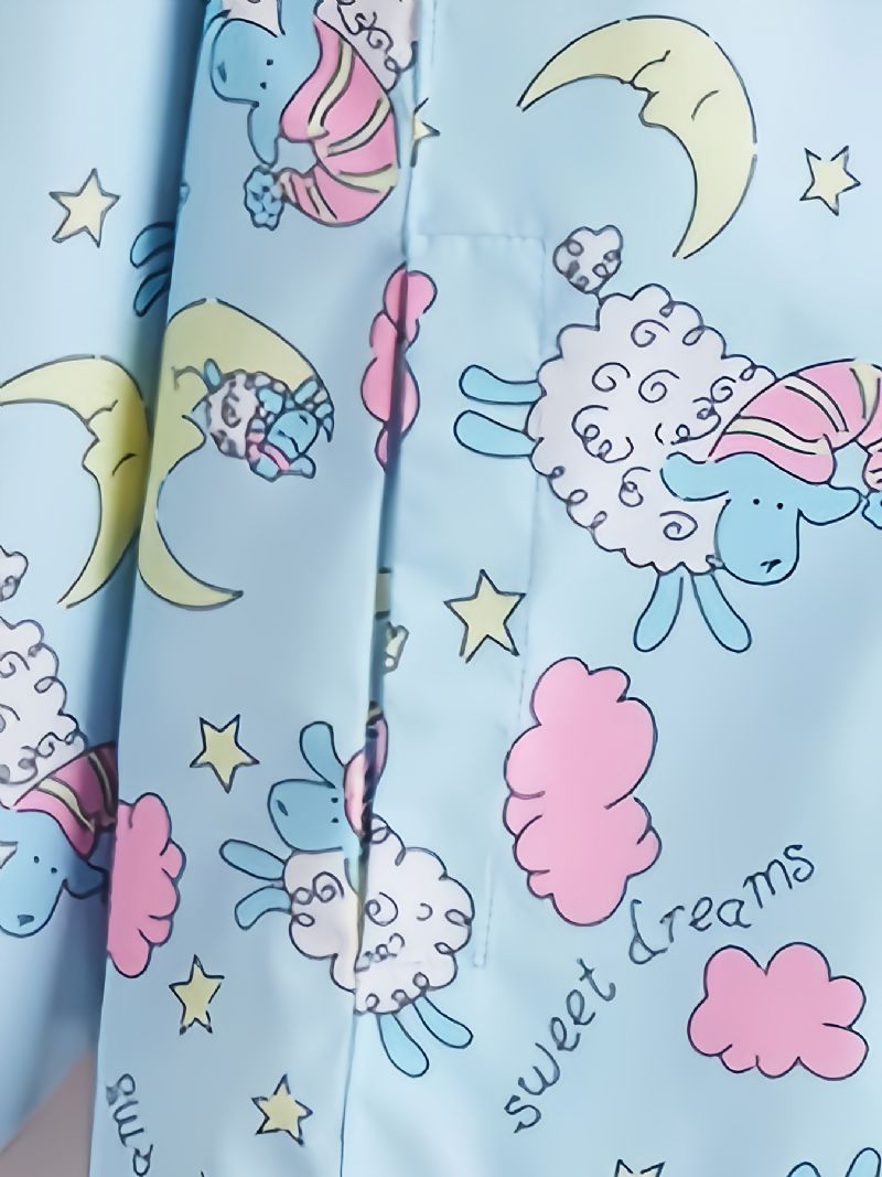 Tyttöjen Rento Sarjakuvakuvioinen Hupullinen Takki Sheep Moon Print Tuulenpitävä Vedenpitävä Vetoketjullinen Aktiivitakki