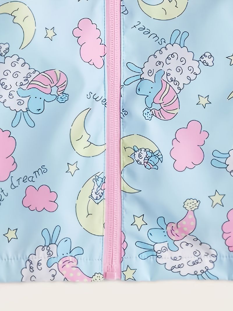 Tyttöjen Rento Sarjakuvakuvioinen Hupullinen Takki Sheep Moon Print Tuulenpitävä Vedenpitävä Vetoketjullinen Aktiivitakki