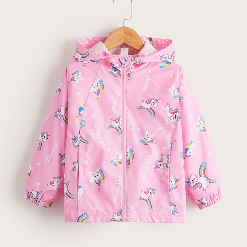 Tyttöjen Windbreaker Vedenpitävä Windproof Unicorn Print Hupullinen Takki