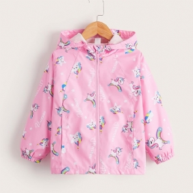 Tyttöjen Windbreaker Vedenpitävä Windproof Unicorn Print Hupullinen Takki