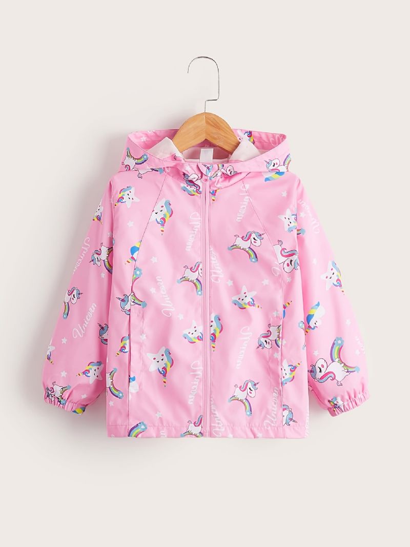 Tyttöjen Windbreaker Vedenpitävä Windproof Unicorn Print Hupullinen Takki