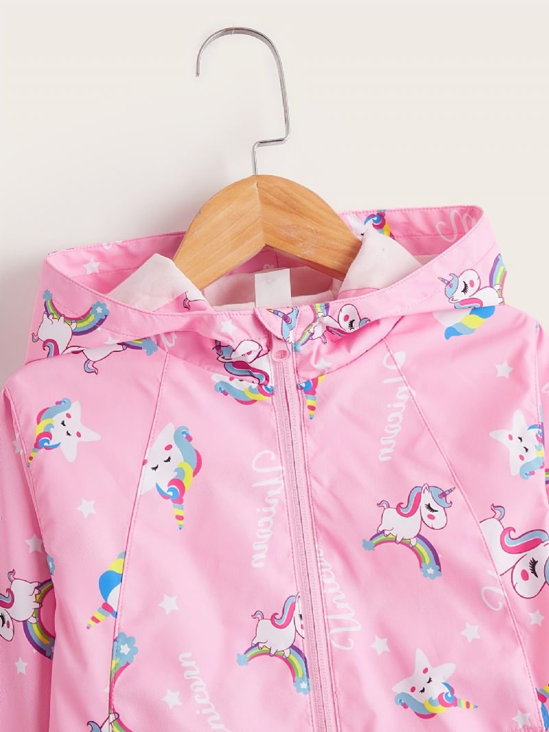 Tyttöjen Windbreaker Vedenpitävä Windproof Unicorn Print Hupullinen Takki