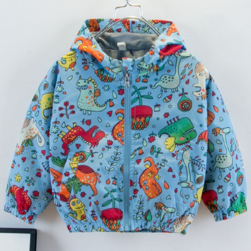 Uusi Poikien Casual Dinosaur Printed Vetoketjullinen Hupullinen Takki