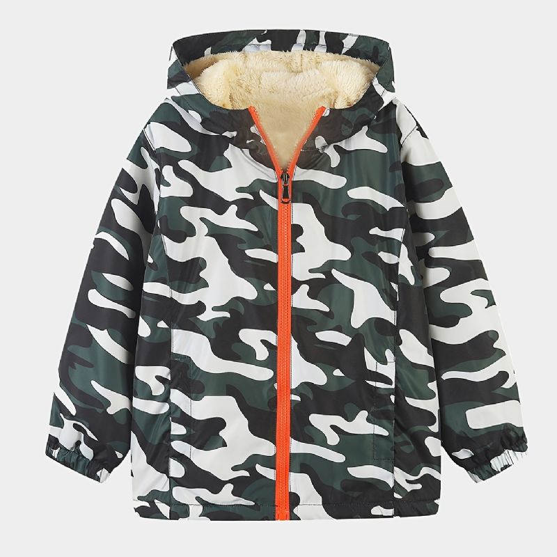 1kpl Poikien Casual Camouflage Print Vetoketjullinen Hupullinen Takki Cardigan Collar Fleece Lämpötakki Talveksi