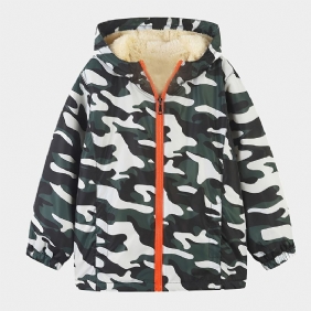 1kpl Poikien Casual Camouflage Print Vetoketjullinen Hupullinen Takki Cardigan Collar Fleece Lämpötakki Talveksi