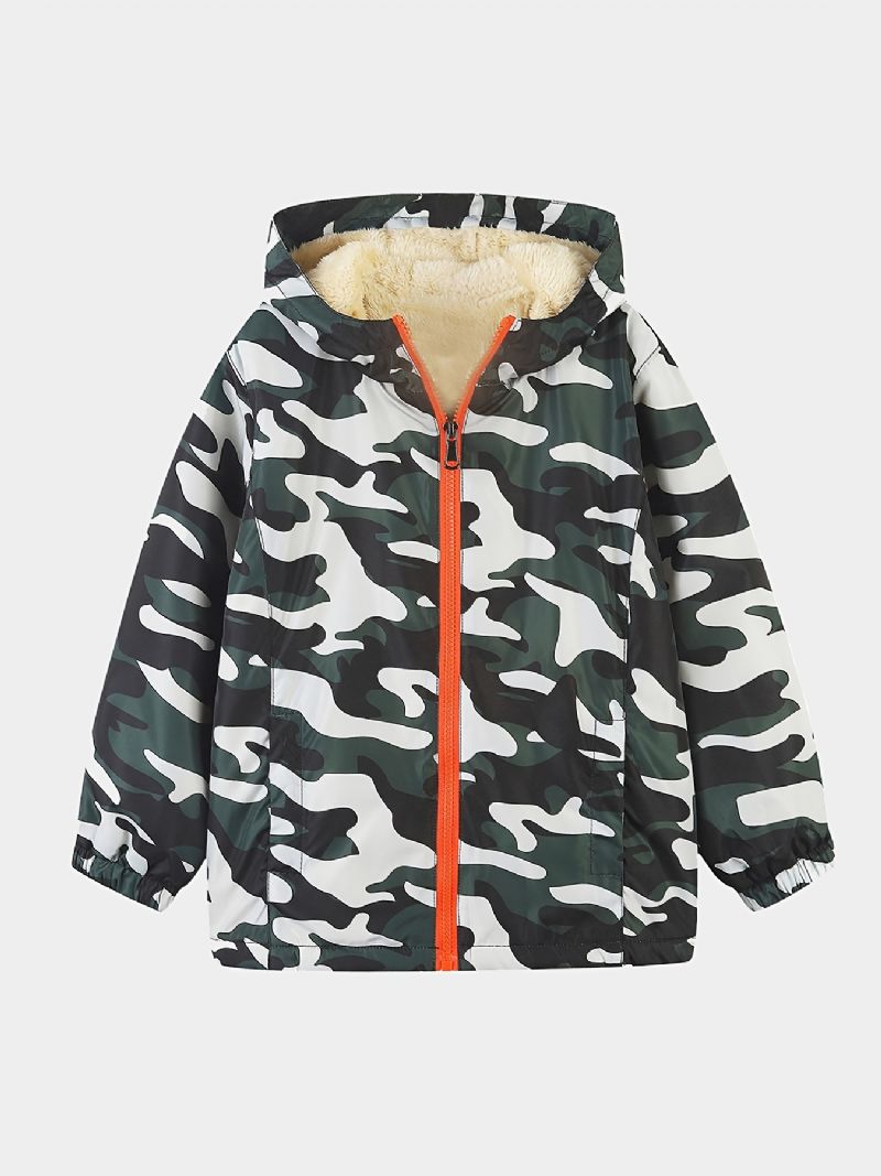 1kpl Poikien Casual Camouflage Print Vetoketjullinen Hupullinen Takki Cardigan Collar Fleece Lämpötakki Talveksi