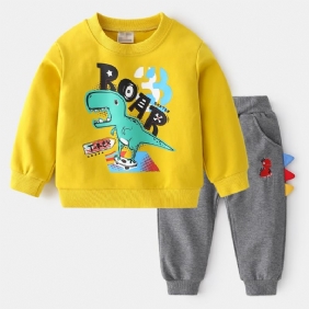 2kpl Poikien Casual Sarjakuva Dinosaur Letter Print Thermal Collegepaita Ja Collegehousut Talveksi