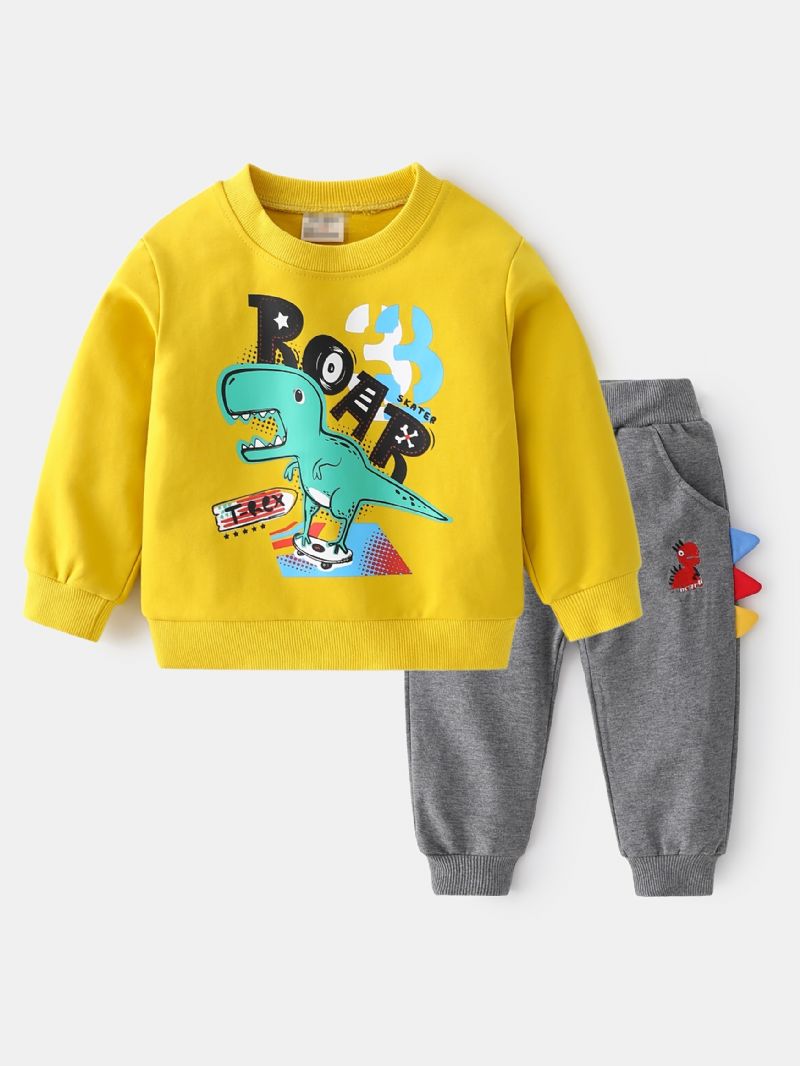 2kpl Poikien Casual Sarjakuva Dinosaur Letter Print Thermal Collegepaita Ja Collegehousut Talveksi