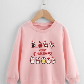 Christmas Tyttöjen Knitted Cartoon Penguin Print Pitkähihainen Crew Neck Collegepaita