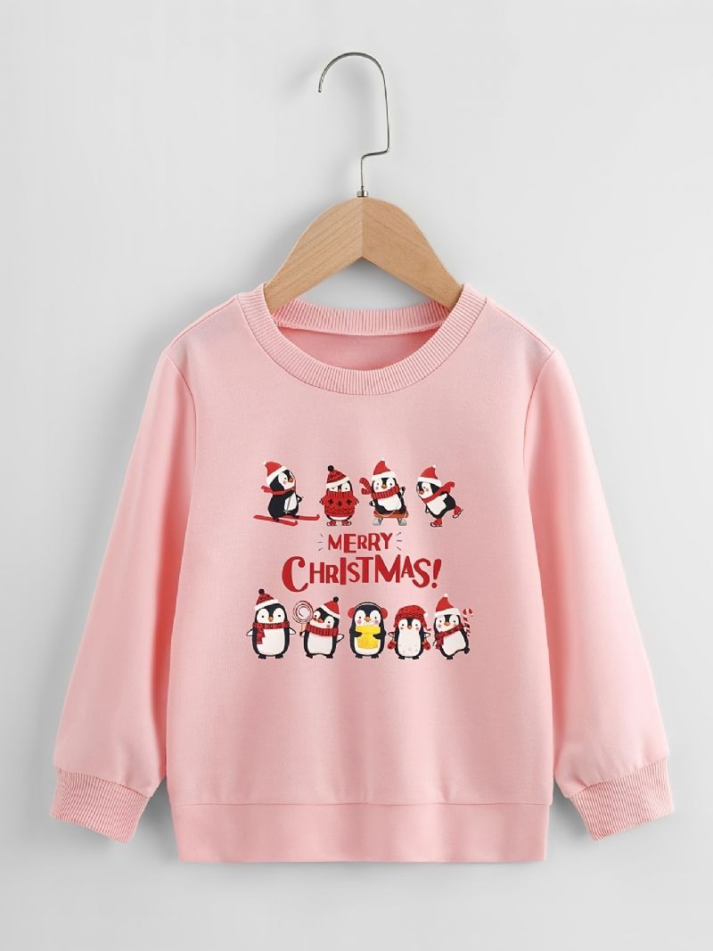 Christmas Tyttöjen Knitted Cartoon Penguin Print Pitkähihainen Crew Neck Collegepaita