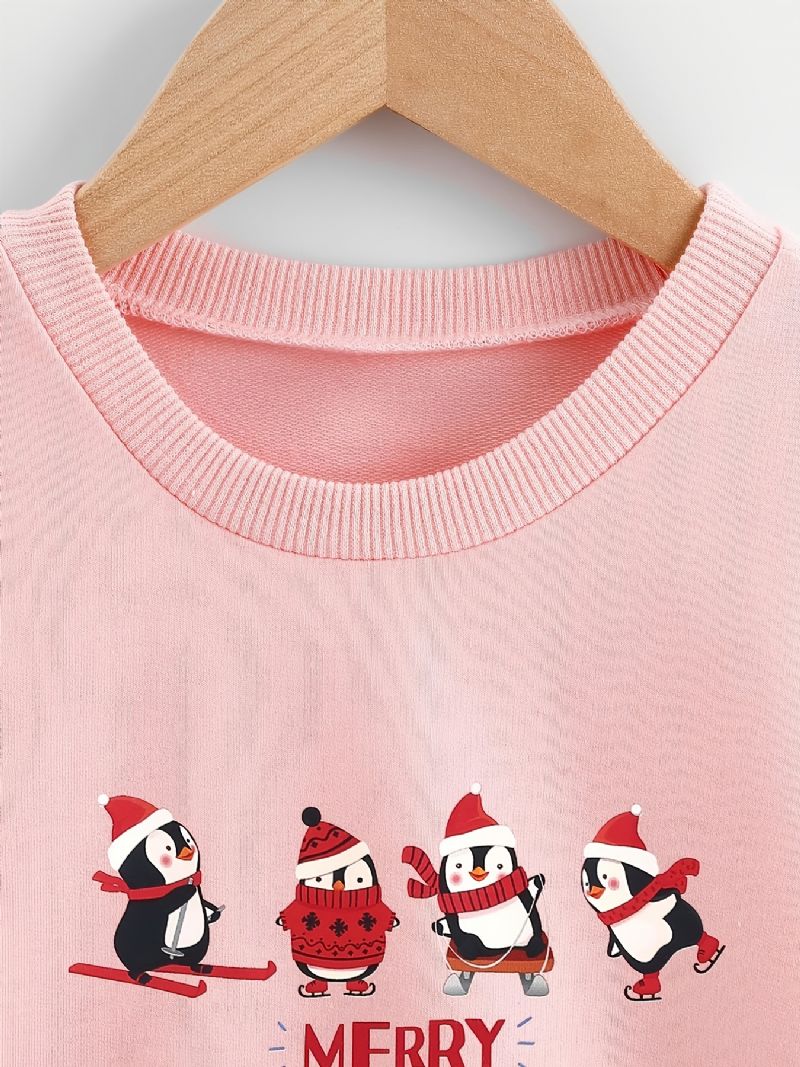 Christmas Tyttöjen Knitted Cartoon Penguin Print Pitkähihainen Crew Neck Collegepaita