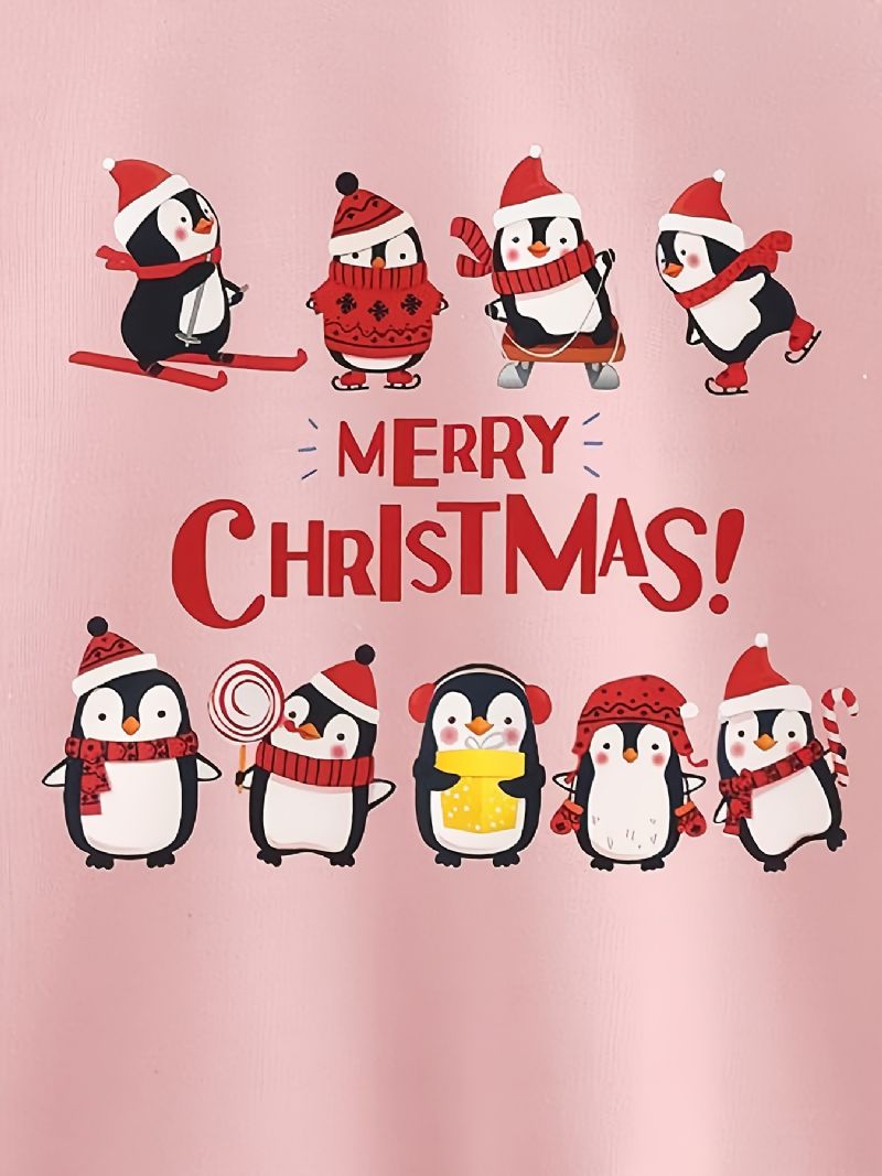 Christmas Tyttöjen Knitted Cartoon Penguin Print Pitkähihainen Crew Neck Collegepaita