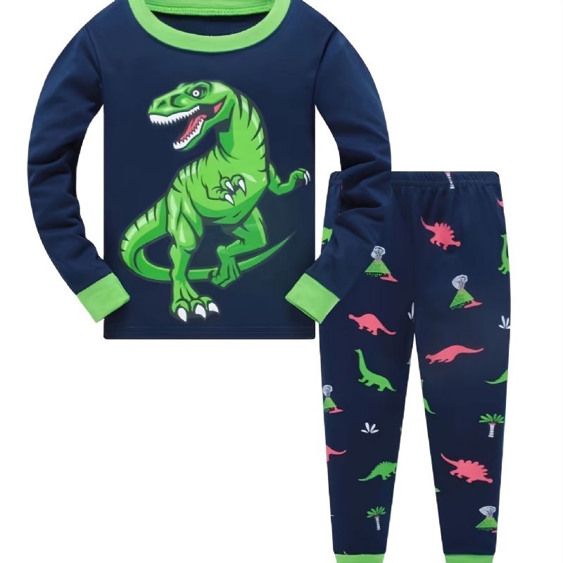 Poikien Casual Crew Neck Pyjama-setti Lounge Wear Homewear Pitkähihainen Toppi Ja Yhteensopivat Housut Joissa On Dinosaurusteline