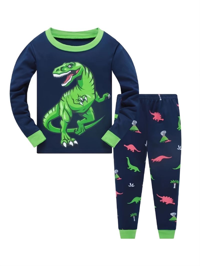 Poikien Casual Crew Neck Pyjama-setti Lounge Wear Homewear Pitkähihainen Toppi Ja Yhteensopivat Housut Joissa On Dinosaurusteline