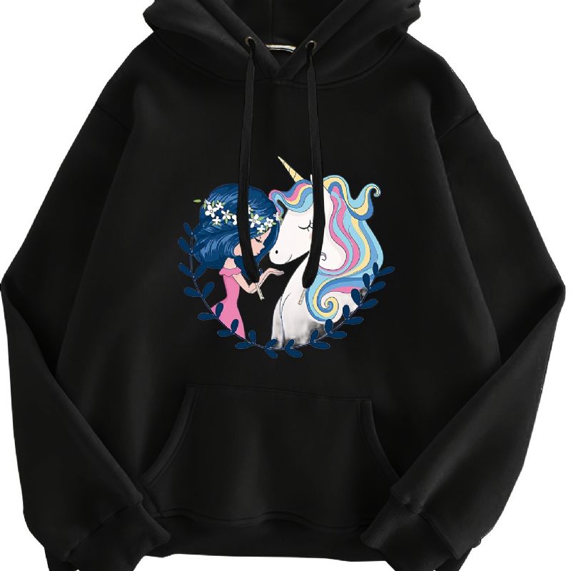 Tyttö & Unicorn Print Huppari Fleece Pullover Kiristysnyöri Kangaroo Pocket Active Hupullinen Naisten Vaatteet