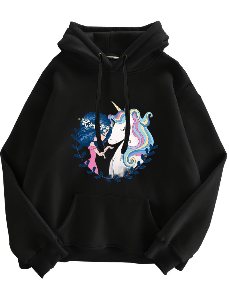 Tyttö & Unicorn Print Huppari Fleece Pullover Kiristysnyöri Kangaroo Pocket Active Hupullinen Naisten Vaatteet