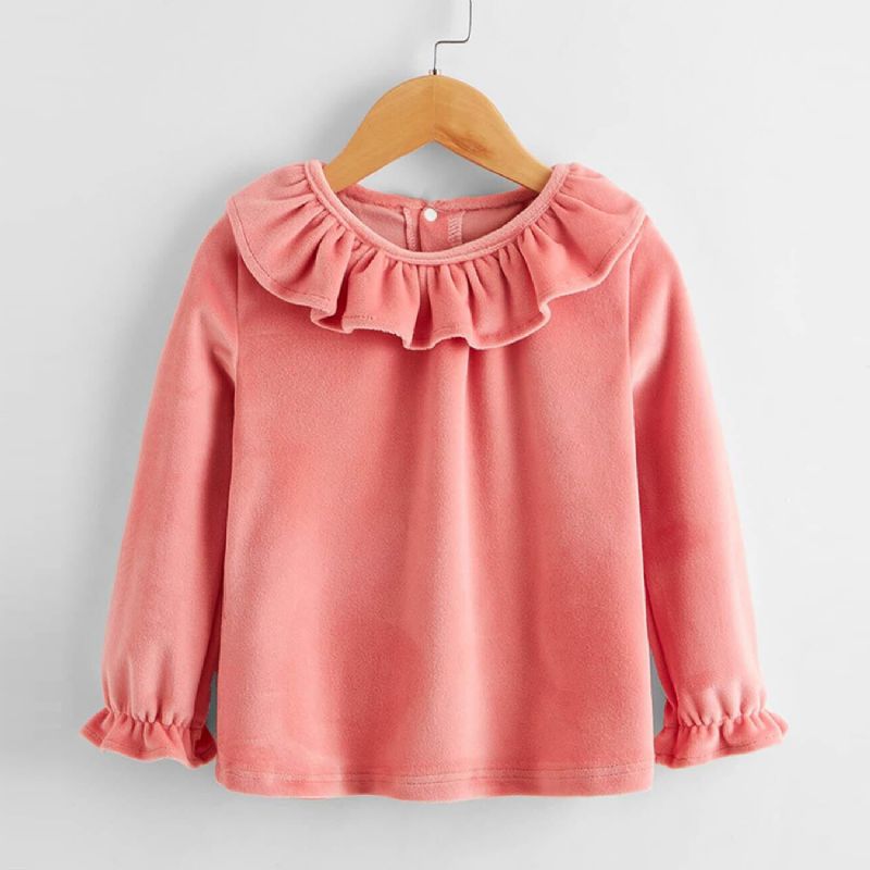 Tyttöjen Pink Velvet Ruffle Neck Lace Top