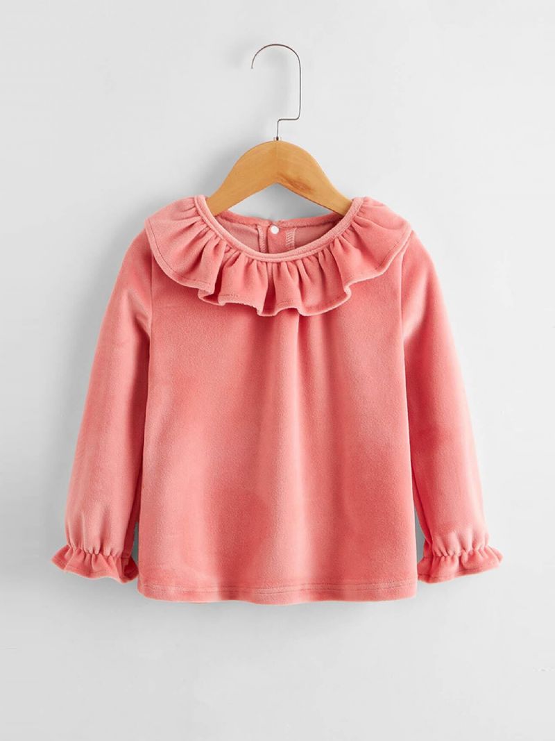 Tyttöjen Pink Velvet Ruffle Neck Lace Top