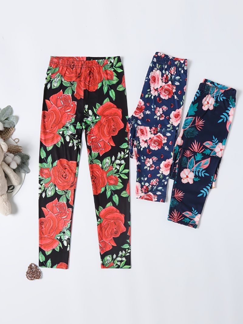 3 Kpl Tyttöjen Casual Vintage Flower Print Leggingsit Talveksi