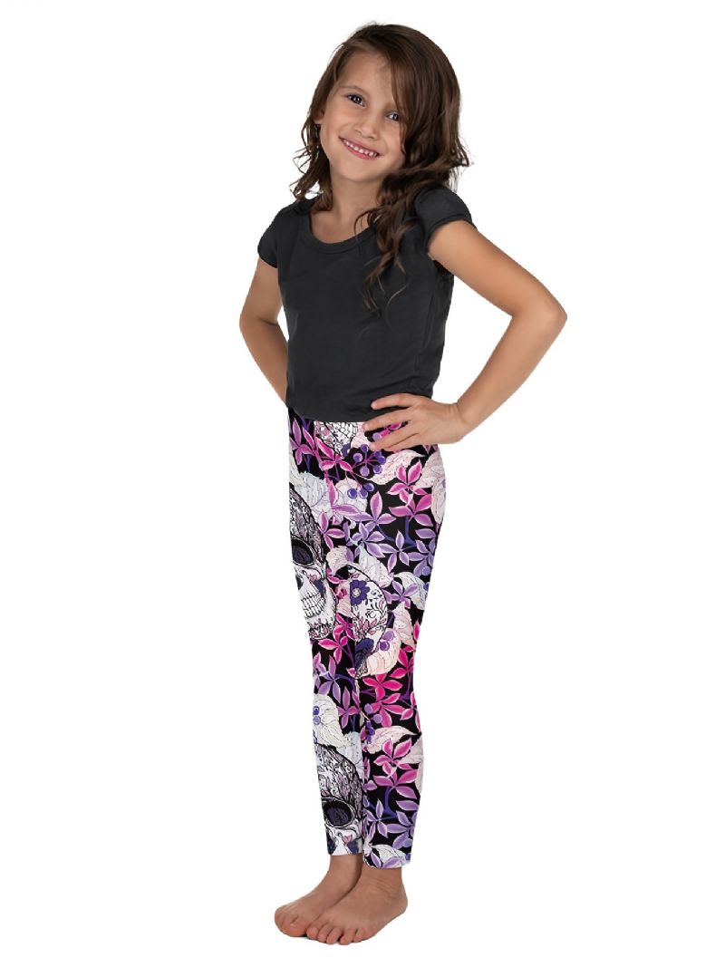 Tytöille Joustavat Pehmeät Leggingsit Mix Pink Violet Flower Skulls Print