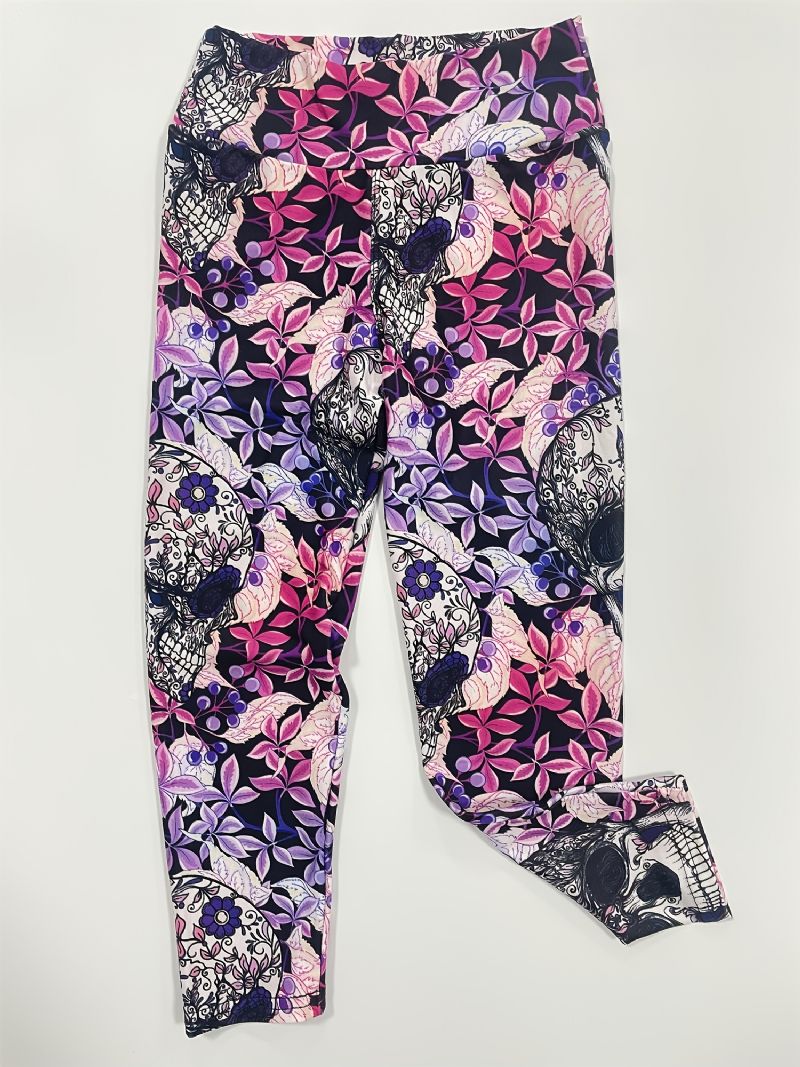 Tytöille Joustavat Pehmeät Leggingsit Mix Pink Violet Flower Skulls Print