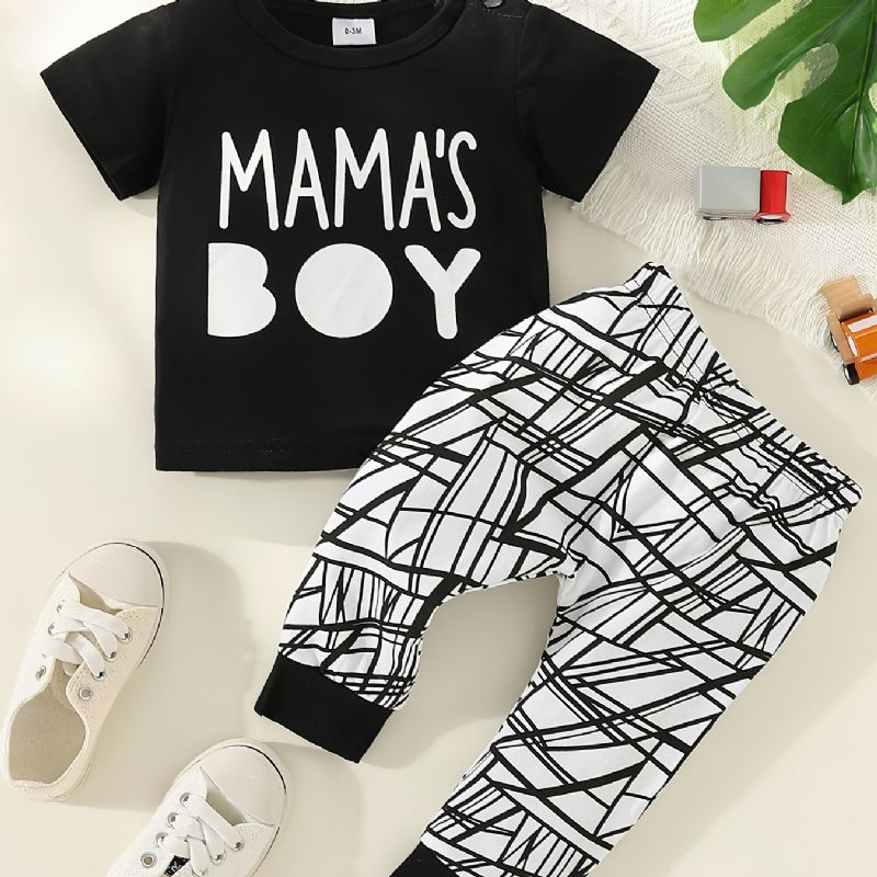 2kpl Poikien Casual Mama's Print T-paita & Raidallinen Printtihoususarja