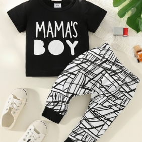 2kpl Poikien Casual Mama's Print T-paita & Raidallinen Printtihoususarja