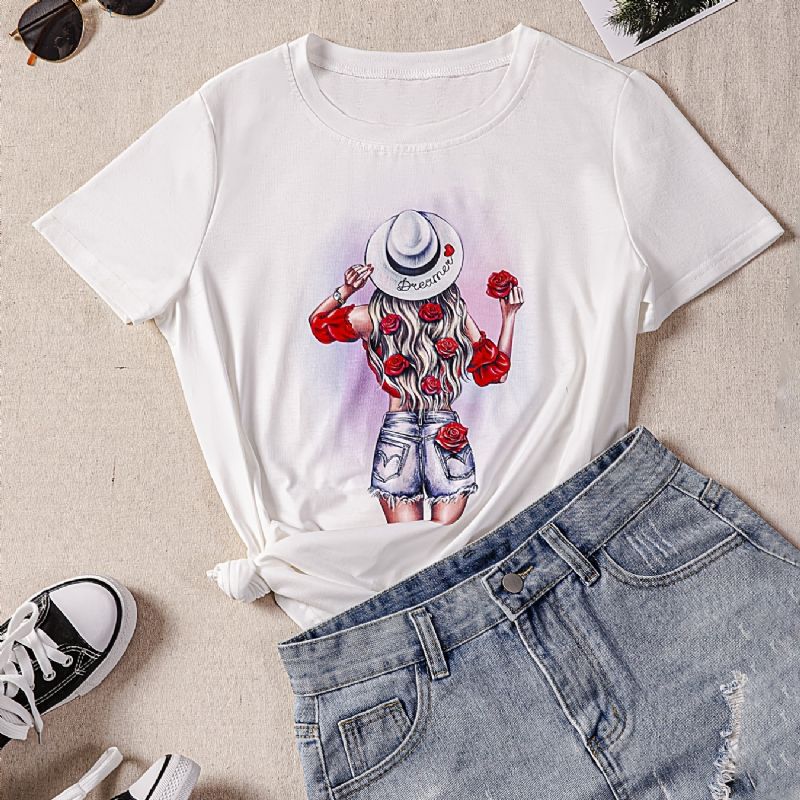 Flower & Tyttöjen Graphic Print Solid T-paita Pyöreäkauluksinen Lyhythihainen Rento Toppi Kevään Ja Kesän Naisten Vaatteisiin